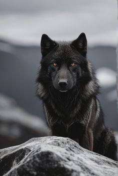 a black wolf standing on top of a rock next to snow covered mountains in the background