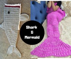 there is a crocheted mermaid laying on the bed next to a stuffed fish