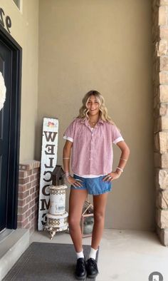 summer fashion, casual summer outfit Short Overalls Aesthetic, Casual Outfits Photoshoot Photo Ideas, Colorful Beachy Outfits, Utah Outfits Aesthetic, Layering In Summer Outfits, Outfits With Long Jean Shorts, Tie Up Shirt Outfit, Casual Beachy Outfits, Long Sleeve Shorts Outfits