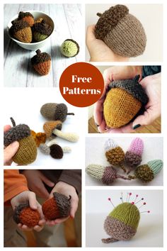 crocheted acorns are shown in different colors and sizes, with the words free patterns below them