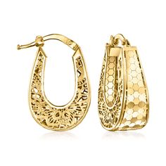 Ross-Simons - Italian 18kt Yellow Gold Filigree Hoop Earrings. 7/8". These intricately crafted earrings from Italy put a fanciful spin on the classic hoop look. Featuring honeycomb-style fronts and filigree-detailed sides of satin and polished 18kt yellow gold, the pair glimmers and glows from each and every angle. Hanging length is 7/8". Snap-bar, filigree hoop earrings. Gold Earrings Zales, Elegant Filigree Hoop Earrings In 14k Gold, Elegant 14k Gold Filigree Hoop Earrings, Ornate Yellow Gold Hoop Earrings With Intricate Design, Ornate Yellow Gold Hoop Earrings, Yellow Gold Filigree Hoop Earrings For Anniversary, Formal Hoop Earrings With Intricate Design, Elegant Engraved Hoop Earrings, Anniversary Yellow Gold Hoop Earrings With Intricate Design