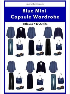 Black And Blue Capsule Wardrobe, Navy Mini Dress Outfits, Blue And White Capsule Wardrobe, Navy Blue Black Outfit, Blue Academia Outfits, Jean Capsule Wardrobe, Navy Blue Capsule Wardrobe, Navy Shoes Outfit, Blue Monochromatic Outfit