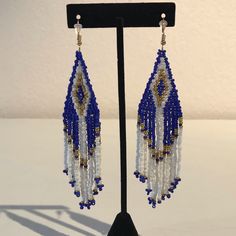 Nwot. Blue And White And Gold “Seed” Beaded Earrings. Adjustable Blue Beaded Fringe Earrings, Blue Large Beaded Dangle Earrings, Blue Large Beads Dangle Earrings, Blue Beaded Fringe Earrings For Festival, Blue Large Beaded Drop Earrings, Blue Beaded Drop Earrings With Large Beads, Blue Large Beads Drop Earrings, Blue Teardrop Beaded Earrings For Festival, Blue Beaded Teardrop Chandelier Earrings