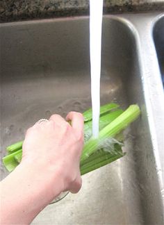 a person washing celery in a sink with water running from the faucet