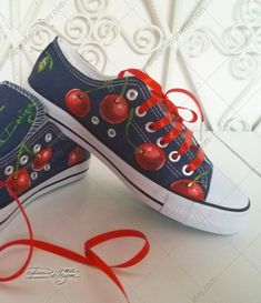 ♥ Cherry Sneakers, Hand Painted Sneakers, Cherry Shoes Art, Painted Shoes, Cherry Footwear, Cherries Art, Handpainted Sneakers, Cherries Shoes ♥ HAND PAINTED SNEAKERS by DiqnaDesign. ------- SIZE & DETAILS ------- Shoes are hand painted with professional water resistant textile paint DIFFERENT SIZES FOR WOMEN'S FOOTWEAR: EU size 36 ≈ US size 6 ≈ UK size 4 ≈ 22,5 cm ≈ 8,8 inches ------------------------------------------------------------------------------------ EU size 37 ≈ US size 7 ≈ UK si Casual Hand-painted Lace-up Custom Sneakers, Casual Hand Painted Low-top Canvas Shoes, Casual Hand Painted Red Sneakers, Casual Red Hand Painted Sneakers, Handmade Low-top Sneakers For Spring, Handmade Low-top Spring Sneakers, Cherry Sneakers, Cherries Art, Cherry Shoes