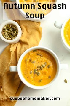 two bowls of pumpkin squash soup on a white surface with the title overlay above it