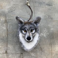 a stuffed wolf head hanging on a wall