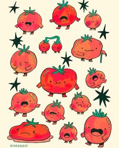 an illustration of tomatoes with faces and stars on them, all drawn in different ways