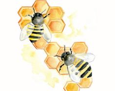 two bees sitting on top of each other in front of honeycombs with watercolor paint