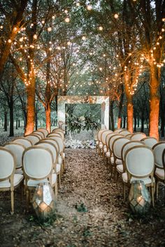 rows of white chairs with lights hanging from them in the woods near trees and bushes