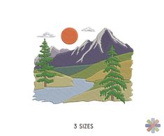 the embroidery design shows mountains, trees and a lake with an orange sun in the background