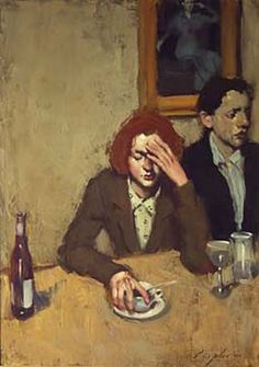 a painting of two people sitting at a table in front of a mirror, one holding his head