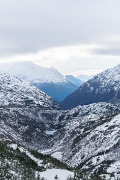 the mountains are covered in snow and have some trees on each side, as well as evergreens