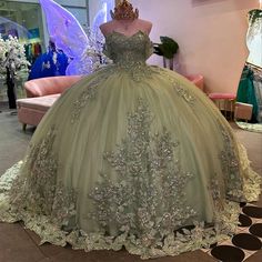 Angelsbridep Customized Sage Green Ball Gown Quinceanera Dress With Shiny Lace 3D Appliques Off Sage Green Ball Gown, Quinceanera Dresses Off The Shoulder, Green Quince Dress, Quinceanera Dresses Green, Xv Dresses, Green Ball Gown