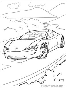 a coloring page with a sports car driving down the road in front of mountains and clouds