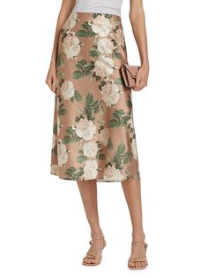 "Find CAMI NYC Aviva Floral Stretch Silk Midi-skirt on Editorialist. Fashioned from stretch silk, Cami NYC's Aviva midi-skirt is elevated with a vintage-inspired floral print. Elasticized waist Pulls on 92% silk/8% spandex Dry clean Imported SIZE & FIT About 31\" long Model measurements: 5'10\" tall Model is wearing a US size Small. Cami NYC. Color: Gardenia. Size: XS."