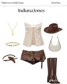 some clothes and accessories are arranged in the shape of indiana jones