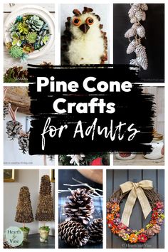 Collage of pine cone crafts including a wreath, an owl, garlands, waxed pine cones and more. Easy Pine Cone Christmas Crafts, Christmas Pinecones Decorations Diy, Pine Cone Crafts For Adults, What To Do With Pine Cones, Large Pinecone Crafts, Pine Cone Crafts Diy, Pinecone Decorations Diy, Christmas Pine Cone Crafts, Christmas Pinecone Crafts