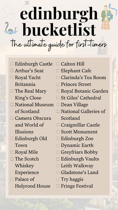 the edinburgh bucket list for first - timers is shown in front of a cityscape