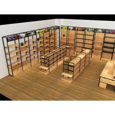 a room with shelves, desks and other items on the floor in it's center