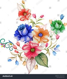 colorful flowers and leaves on white background with clipping space for your text or image