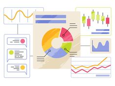 an image of graphs and pie chart on a white background with blue, green, red, orange, yellow colors