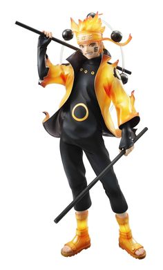 a statue of naruto with two swords in one hand and an orange flame on the other