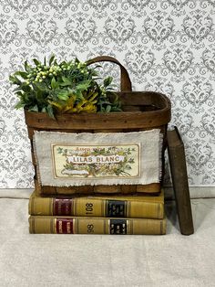 two books stacked on top of each other in front of a wall