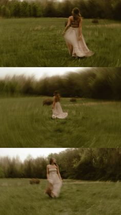 the woman is walking through the grass in her dress