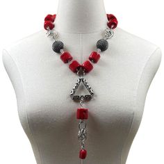 Delta 1913 Natural Red Coral, Vintage Metal Pyramid Tassel Necklace METAL: Stainless steel SIZE: 23" adjustable length CLOSURE: Lobster claw NOTE: Due to the one-of-a-kind nature of the medium, exact colors and patterns may vary slightly from the image shown. Know that some natural stones or pearls may have inclusions. Red Jewelry With Lobster Clasp For Party, Red Party Jewelry With Lobster Clasp, Red Long Necklace With Adjustable Chain, Red Long Necklace Jewelry For Gifts, Elegant Long Red Necklace, Red Dangle Necklaces For Party, Red Metal Long Necklace Jewelry, Red Metal Dangle Necklace, Red Metal Long Necklace