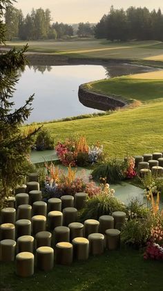 an outdoor seating area in the middle of a golf course