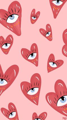 many hearts with blue eyes on pink background