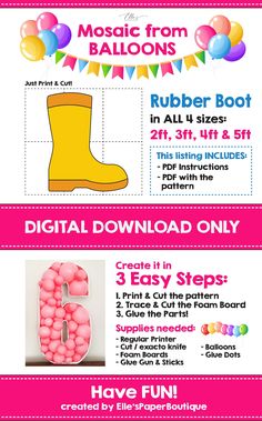 a flyer for a birthday party with balloons and rubber boots