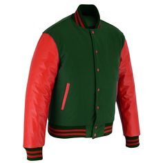 Varsity Letterman Baseball Green Wool and Red Genuine Leather Sleeves Jacket with Gold Trims If your required Size & Color Combination is not listed then please contact with us We will respond you as soon as possible the estimated time is 12 Hours, All Sizes & Color Combinations are Available. The quality of the varsity jacket is the finest in the field. 100% high quality Wool. A fine quilt lining with Wool trimmed inside pocket are all part of the complete package. Each varsity jacket design is University Red Winter Outerwear For College, Classic Red Varsity Jacket For College, Red Varsity Jacket For Winter, Classic Red Varsity Jacket For Winter, Classic Red Outerwear For College, Red Fitted Varsity Jacket For Winter, Leather Sleeve Jacket, School Jacket, College Gear