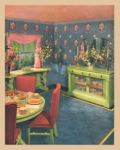 an old fashioned kitchen and dining room with green cabinets, red chairs, and floral wallpaper