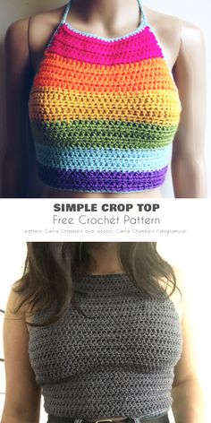 a woman wearing a crochet halter top with the text, simple crop top free crochet pattern