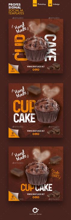 three chocolate banners with the words cupcake on them and an image of a piece of cake