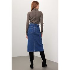 Blue denim (100% Cotton). Skirt. Front button closure. 3" rise. Imported. Denim Blue High Waist Skirt For Fall, High Waist Denim Blue Skirt For Fall, High Waist Denim Skirt With Pockets For Winter, Winter High Waist Denim Skirt With Pockets, Winter Denim Skirt With Pockets, Fall Denim Skirt In Denim Blue, High Waist Dark Wash Skirt For Fall, Denim Relaxed Fit Skirt For Fall, Relaxed Fit Denim Skirt For Fall