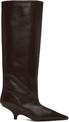 Knee-high LWG-certified nappa leather slip-on boots in brown. · Pointed toe · Buffed sheepskin lining · Covered kitten heel with rubber injection · Polished leather sole · Heel: H2 Supplier color: Bark Heel Boots For Women, Kitten Heel Boots, Wedge Heel Boots, Black Heel Boots, Slip On Boots, Womens Wedges, Heel Boots, Kitten Heel, Tall Boots