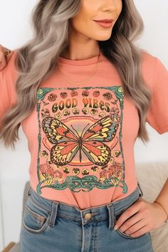 Spread good vibes with our Butterfly Graphic Tee! Made with high quality materials and a stylish design, this tee will make a statement wherever you go. The butterfly graphic adds a touch of beauty and positivity to your wardrobe. Feel good and look good with our Good Vibes Graphic Tee! Unisex Crew Neck Short Sleeve .High Quality Direct To Film Printed Graphic Design.100%COTTON,HEATHER(52%COTTON,48%POLY),ATH.HEATHER,BLACK HEATHER(90%COTTON,10%POLY) Spring Festival Hippie T-shirt, Spring Festival Casual T-shirt, Trendy Fall Festival T-shirt, Casual Screen Print T-shirt For Festival, Festival Crew Neck T-shirt With Graphic Print, Trendy Graphic Print T-shirt For Fall, Bohemian Graphic Print Tops For Streetwear, Cute Butterfly Print T-shirt For Spring, Hippie Graphic Print Spring Top