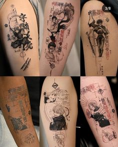 four different tattoos on the legs of people with anime characters and words written in them