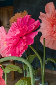 three pink flowers are in vases on the table, with green stems and leaves