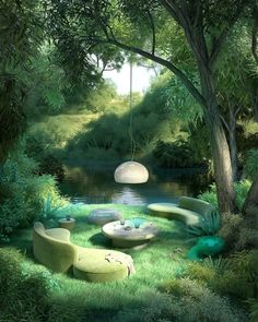 a painting of some kind of outdoor area with grass and rocks in the ground, water and trees around it