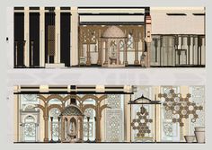 an architectural rendering of the front and back sides of a building with intricate designs on it