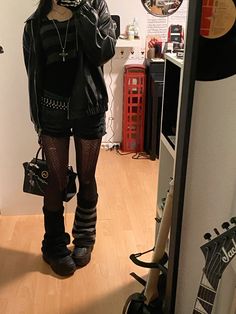 Leg Warmers Alt Outfit, Alternative Fashion Outfit Ideas, Fishnet And Leg Warmers Outfit, Grunge Outfits With Tights, Emo Beanie Outfits, Murdercore Outfits, Outfits To Wear With Leather Jackets, Leg Warmer Aesthetic Outfit, Grunge Tights Outfit