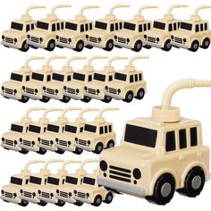 a bunch of toy trucks are lined up together on a white background with black trim