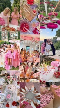 a collage of pink and white pictures with hearts, flowers, people in the background