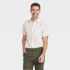 Men's Floral Print Slim Fit Short Sleeve Collared Button-Down Shirt - Goodfellow & Co™ Ivory M Mens Floral Button Down Shirt, Spring Business Casual Button-up Shirt, Spring Slim Fit Short Sleeve Shirt, Slim Fit Short Sleeve Spring Shirt, Spring Business Casual Shirt With Pockets, Casual Short Sleeve Shirt For Business Casual In Spring, Fitted Shirt With Rolled Sleeves For Spring, Casual Fitted Short Sleeve Shirt For Spring, Fitted Casual Short Sleeve Shirt For Spring