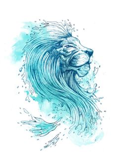 a drawing of a lion's head with water splashing around it and its tail