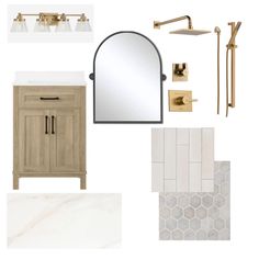 a bathroom design board with gold fixtures and white marble countertops, including an arched mirror, shower head, toilet paper holder, sink, and faucet